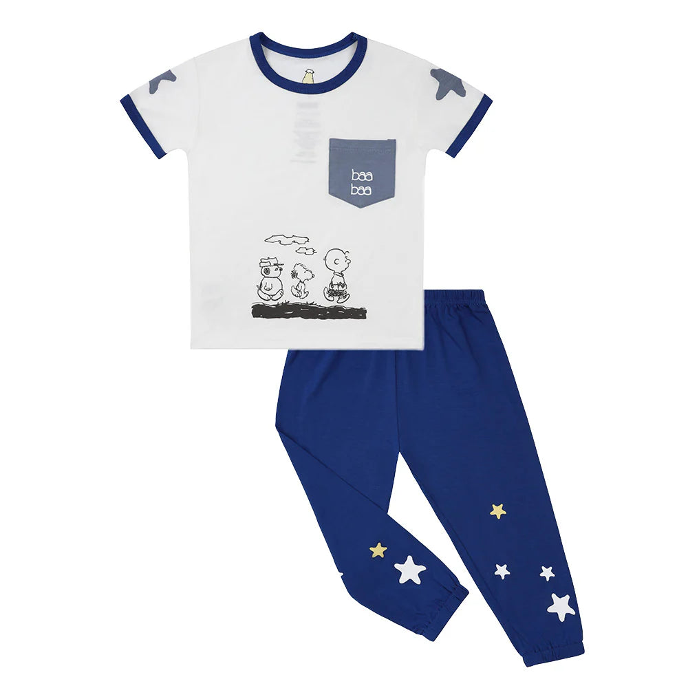 Baabaasheepz X Snoopy Short Sleeve Shirt S32 White + Pants S32 Blue
